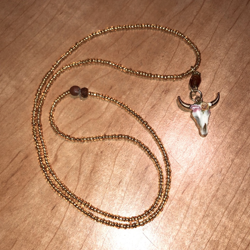Handmade gold seed-bead, stretch necklace with boho cow skull pendant - NEW